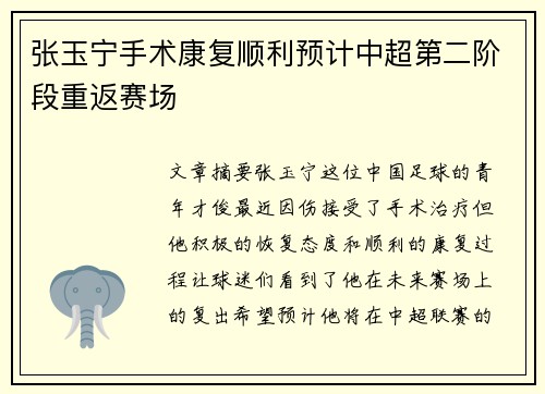张玉宁手术康复顺利预计中超第二阶段重返赛场 张玉宁手术康复顺利预计中超第二阶段重返赛场