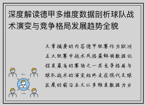 深度解读德甲多维度数据剖析球队战术演变与竞争格局发展趋势全貌